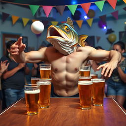 A humorous and surreal scene featuring a human body with a fish head playing beer pong