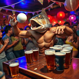 A humorous and surreal scene featuring a human body with a fish head playing beer pong