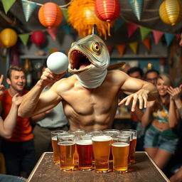 A humorous and surreal scene featuring a human body with a fish head playing beer pong