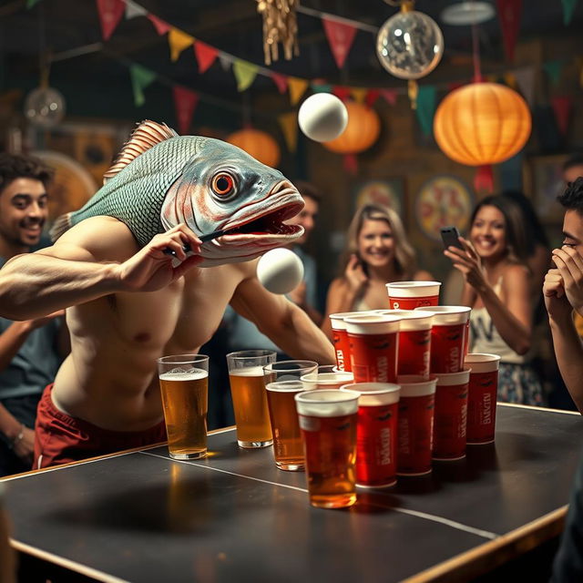 A humorous and surreal scene featuring a human body with a fish head playing beer pong