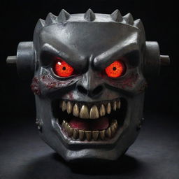 An intimidating, angry gear box with sharp metallic teeth and fierce, glowing red eyes.