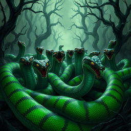 A swarm of ominous and venomous snakes, each with vivid and striking patterns, depicted in a dark and foreboding Dungeons and Dragons-themed forest