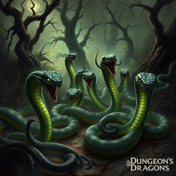 A swarm of ominous and venomous snakes, each with vivid and striking patterns, depicted in a dark and foreboding Dungeons and Dragons-themed forest