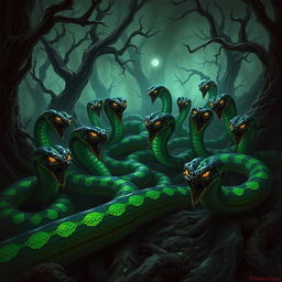 A swarm of ominous and venomous snakes, each with vivid and striking patterns, depicted in a dark and foreboding Dungeons and Dragons-themed forest