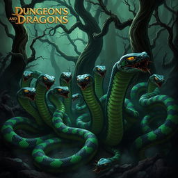 A swarm of ominous and venomous snakes, each with vivid and striking patterns, depicted in a dark and foreboding Dungeons and Dragons-themed forest