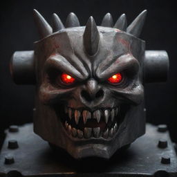 An intimidating, angry gear box with sharp metallic teeth and fierce, glowing red eyes.