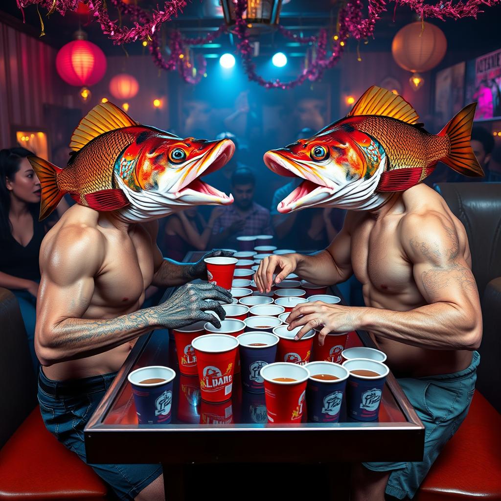 A surreal scene featuring two human bodies with fish heads engaged in a lively game of beer pong