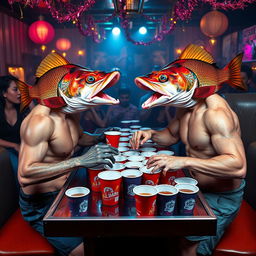 A surreal scene featuring two human bodies with fish heads engaged in a lively game of beer pong