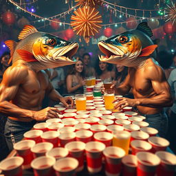 A surreal scene featuring two human bodies with fish heads engaged in a lively game of beer pong