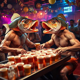 A surreal scene featuring two human bodies with fish heads engaged in a lively game of beer pong