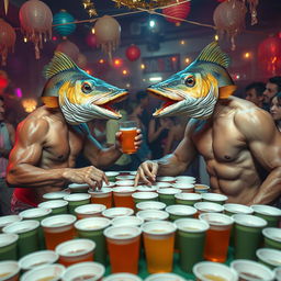 A surreal scene featuring two human bodies with fish heads engaged in a lively game of beer pong