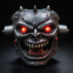 An intimidating, angry gear box with sharp metallic teeth and fierce, glowing red eyes.