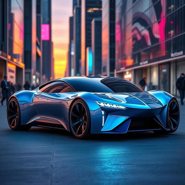 A sleek and futuristic car design featuring smooth lines and a vibrant color scheme that includes shades of blue and silver