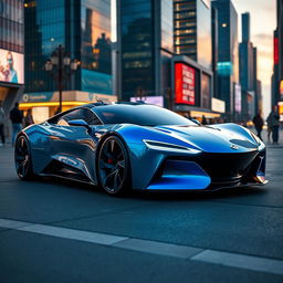 A sleek and futuristic car design featuring smooth lines and a vibrant color scheme that includes shades of blue and silver