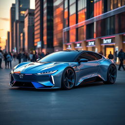 A sleek and futuristic car design featuring smooth lines and a vibrant color scheme that includes shades of blue and silver