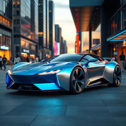 A sleek and futuristic car design featuring smooth lines and a vibrant color scheme that includes shades of blue and silver