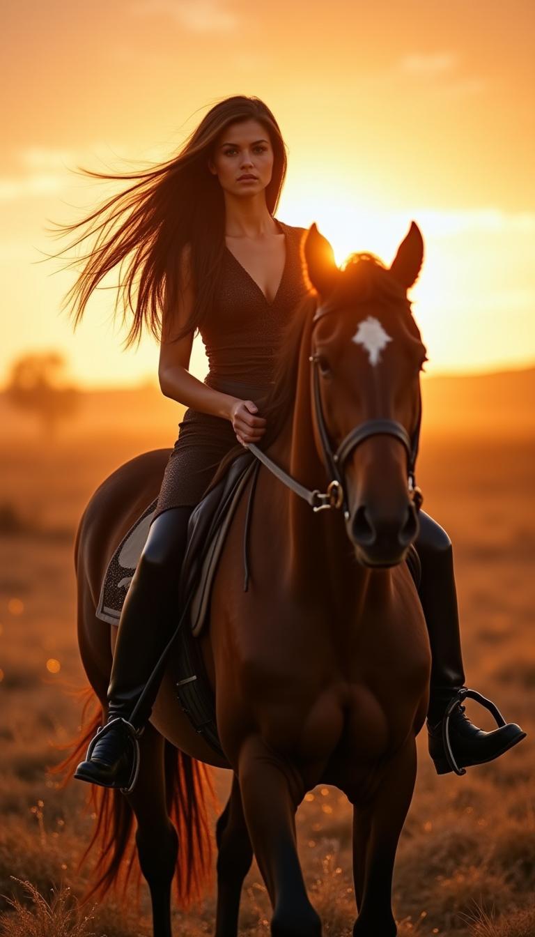 A confident and alluring young woman with long, flowing hair, riding a majestic horse in an open field during golden hour