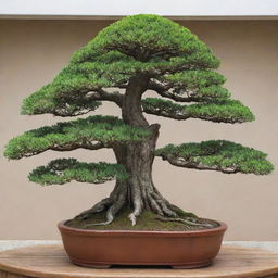 An image of the world's largest bonsai tree. Expertly manicured, this tree booms with abundant foliage, a testament to its caregiver's attention and care. Yet it maintains the artful miniaturization and aesthetic proportions of classic bonsai.