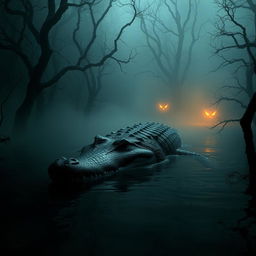 A giant crocodile lurking in a dark, sinister lake surrounded by dense, mysterious forest