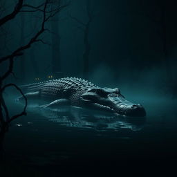 A giant crocodile lurking in a dark, sinister lake surrounded by dense, mysterious forest