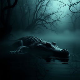 A giant crocodile lurking in a dark, sinister lake surrounded by dense, mysterious forest