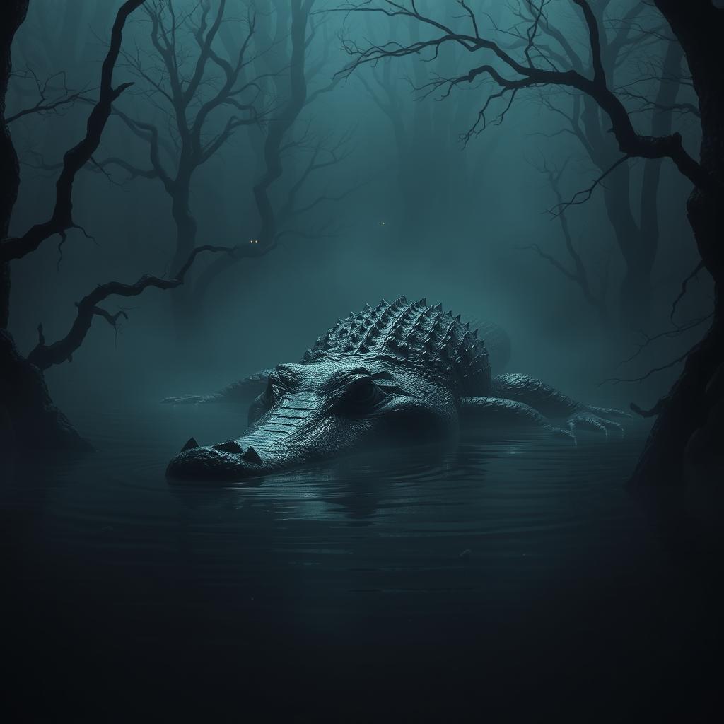 A giant crocodile lurking in a dark, sinister lake surrounded by dense, mysterious forest