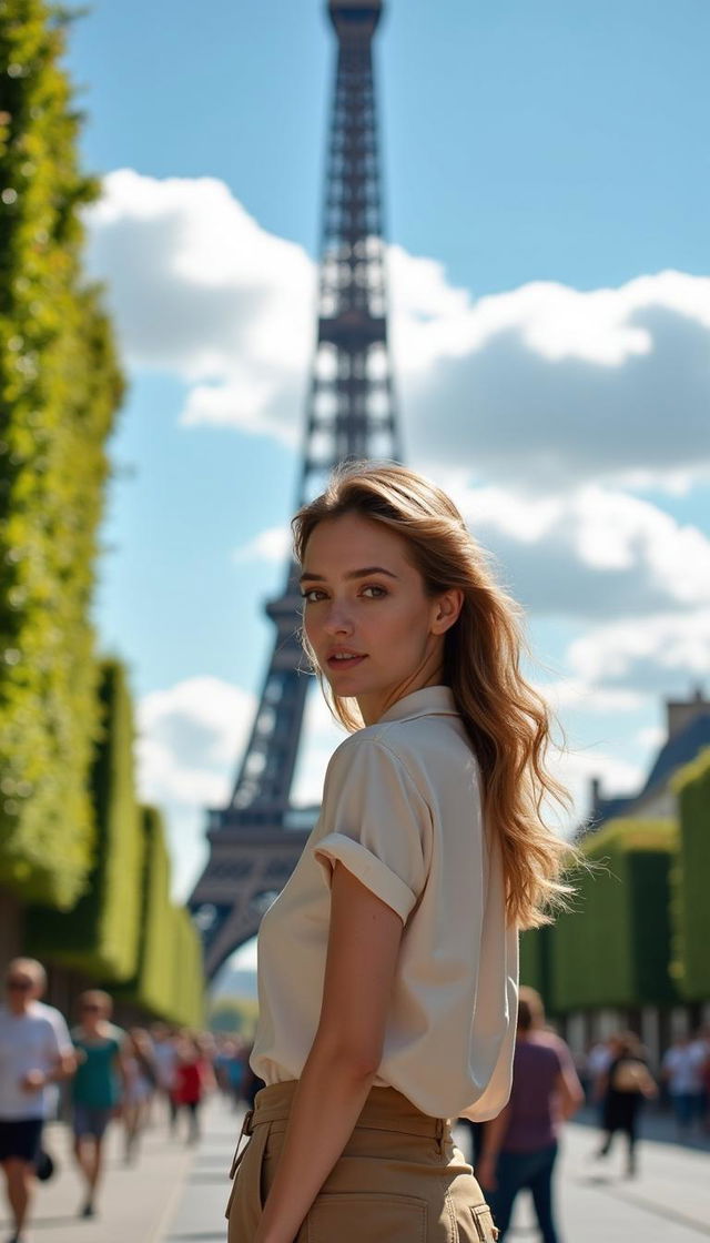 A stylish young woman standing confidently in front of the Eiffel Tower in Paris