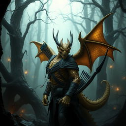 A gold dragonborn scout characterized by an evil and sinister demeanor, standing in an ominous forest