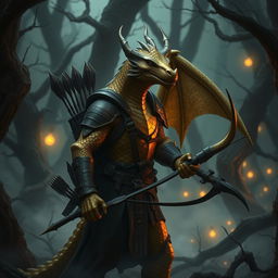 A gold dragonborn scout characterized by an evil and sinister demeanor, standing in an ominous forest