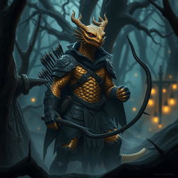 A gold dragonborn scout characterized by an evil and sinister demeanor, standing in an ominous forest