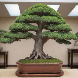 An image of the world's largest bonsai tree. Expertly manicured, this tree booms with abundant foliage, a testament to its caregiver's attention and care. Yet it maintains the artful miniaturization and aesthetic proportions of classic bonsai.