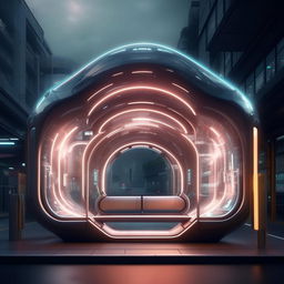 A captivating supernatural yet super beautiful futurist bus stop, rich in advanced technology and ethereal elements.