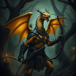 A gold dragonborn scout characterized by an evil and sinister demeanor, standing in an ominous forest