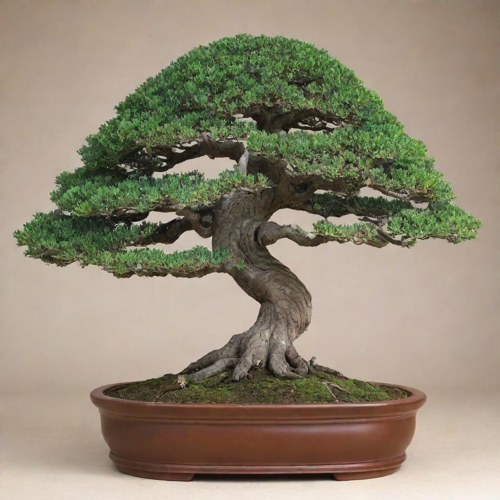 An image of the world's largest bonsai tree. Expertly manicured, this tree booms with abundant foliage, a testament to its caregiver's attention and care. Yet it maintains the artful miniaturization and aesthetic proportions of classic bonsai.