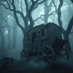 A wooden medieval carriage abandoned in a dark, sinister forest