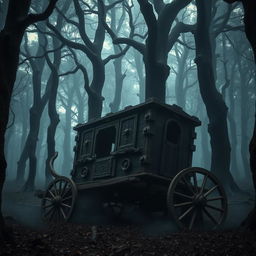 A wooden medieval carriage abandoned in a dark, sinister forest