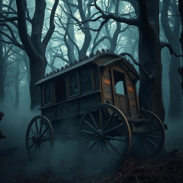 A wooden medieval carriage abandoned in a dark, sinister forest