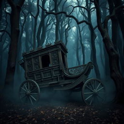 A wooden medieval carriage abandoned in a dark, sinister forest