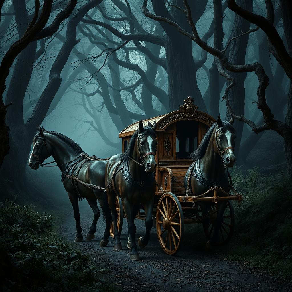 A wooden medieval carriage being pulled by two strong, muscular horses through a dark, sinister forest