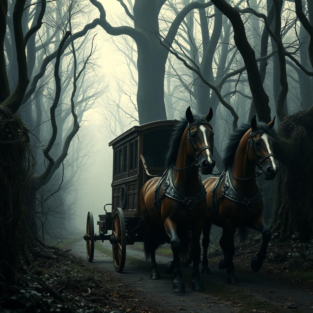 A wooden medieval carriage being pulled by two strong, muscular horses through a dark, sinister forest