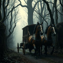 A wooden medieval carriage being pulled by two strong, muscular horses through a dark, sinister forest