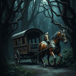 A wooden medieval carriage being pulled by two strong, muscular horses through a dark, sinister forest