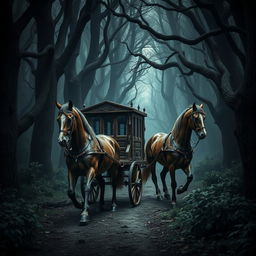 A wooden medieval carriage being pulled by two strong, muscular horses through a dark, sinister forest