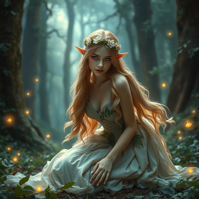 An elf princess in distress, beautifully portrayed in a lush, enchanted forest