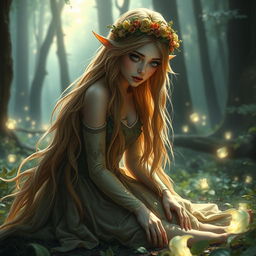 An elf princess in distress, beautifully portrayed in a lush, enchanted forest