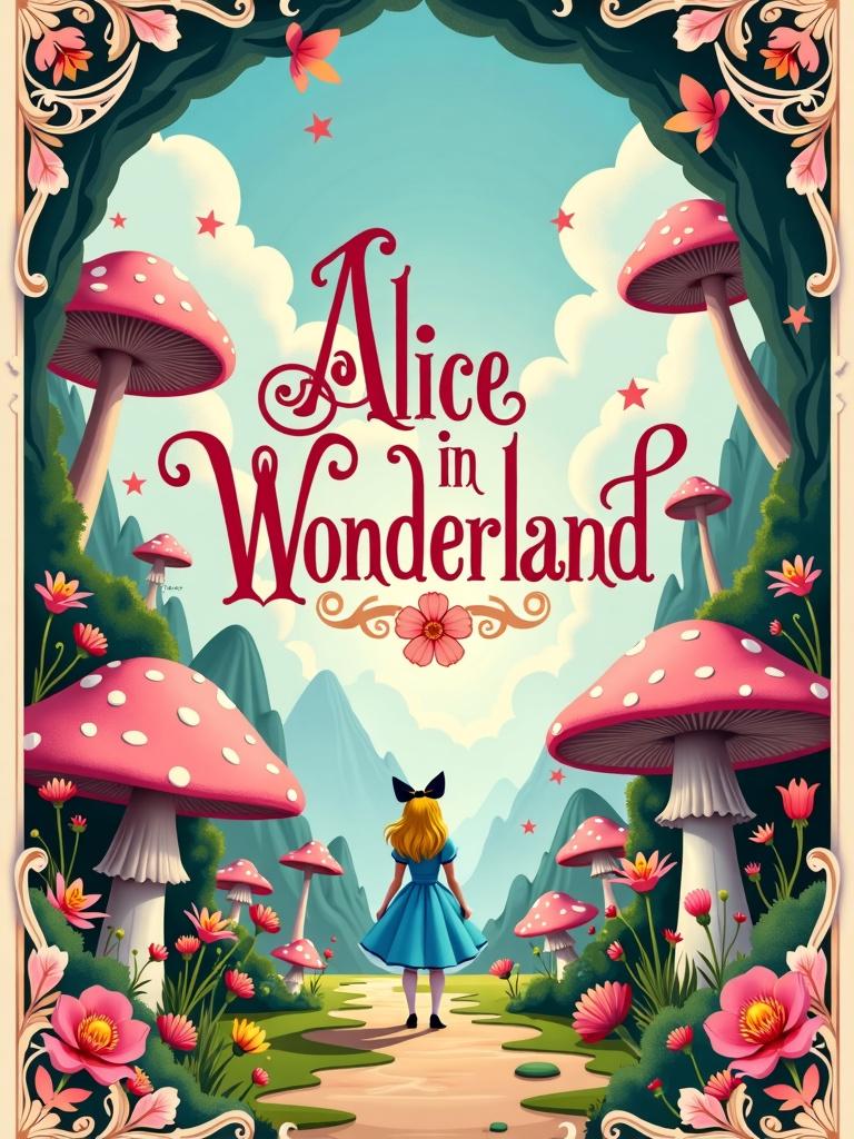 A beautifully symmetrical movie poster inspired by Wes Anderson, depicting a pastel wonderland for 'Alice in Wonderland'