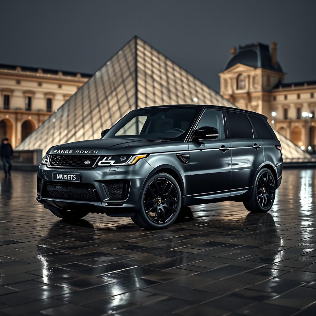 A bold Range Rover SV Sport, featuring a sleek matte black body, parked prominently in front of the Louvre Museum