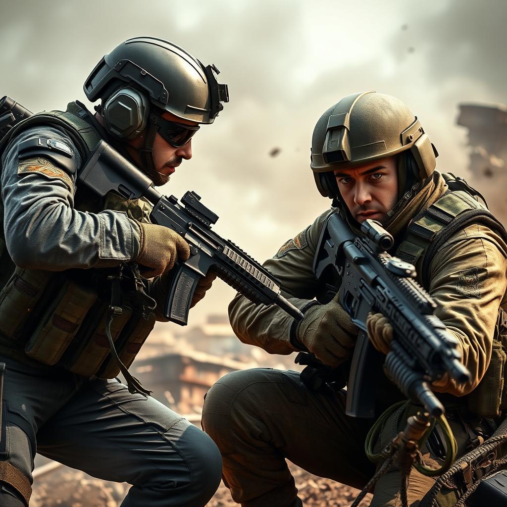 A striking and dynamic scene featuring two elite soldiers in tactical gear engaging in a high-stakes dual in a warzone setting