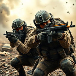 A striking and dynamic scene featuring two elite soldiers in tactical gear engaging in a high-stakes dual in a warzone setting