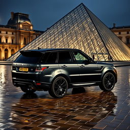 A bold Range Rover SV Sport, featuring a sleek matte black body, parked prominently in front of the Louvre Museum